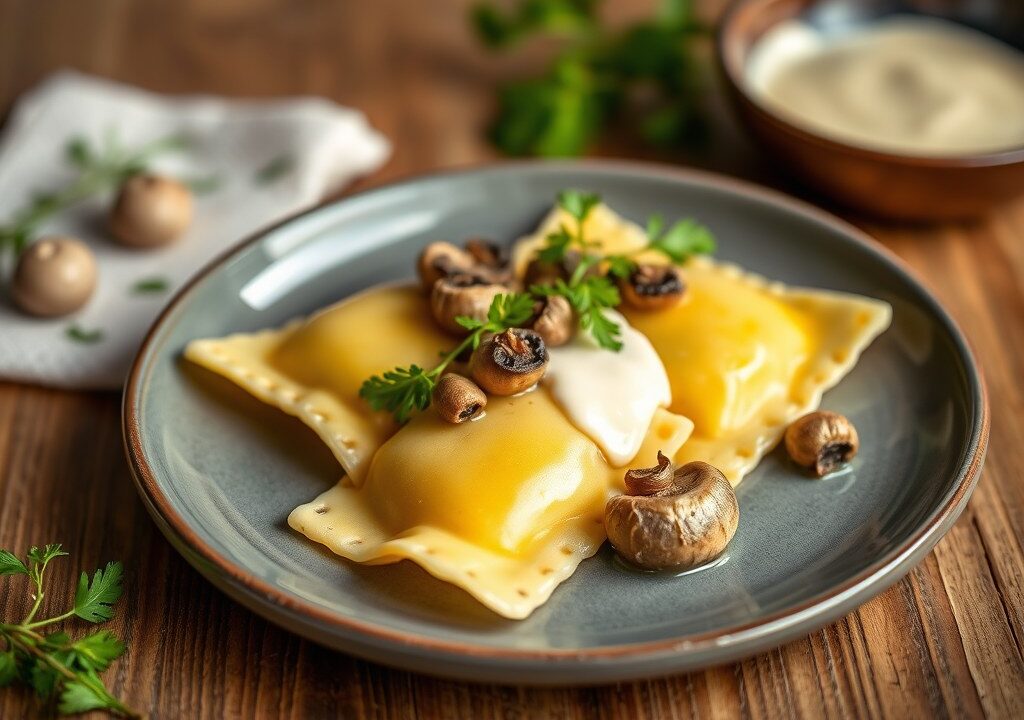Huisgemaakte ravioli met vulling van boschampignons en dragoncrème — AI-gegenereerde illustratie