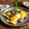 Huisgemaakte ravioli met vulling van boschampignons en dragoncrème