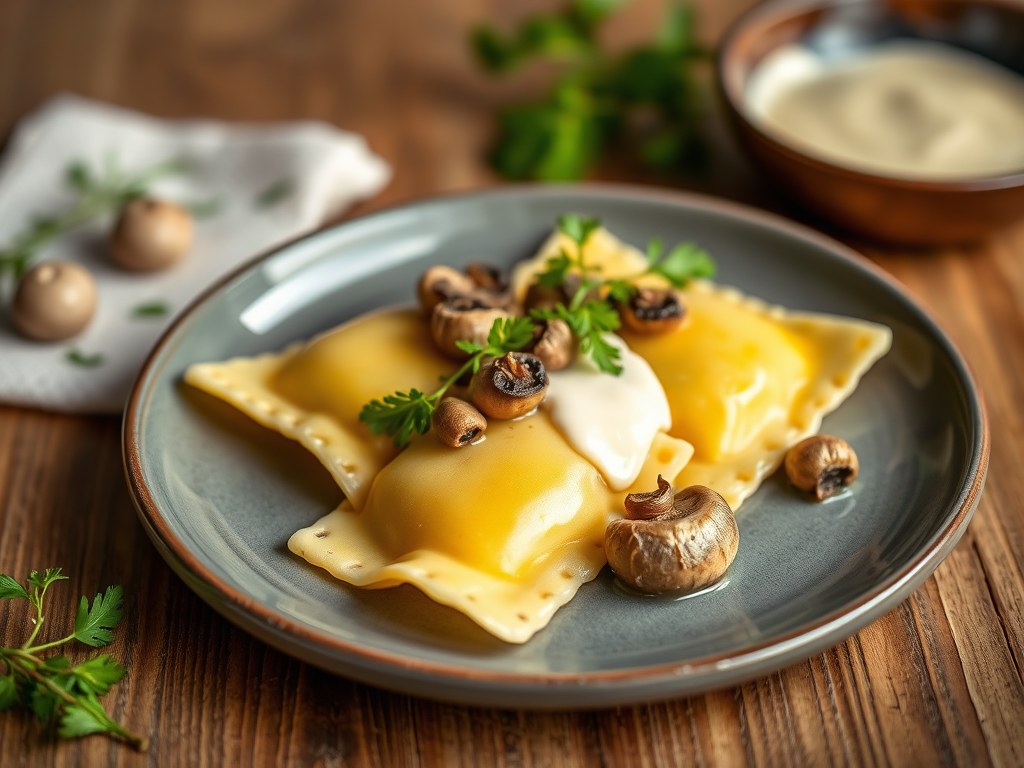Huisgemaakte ravioli met vulling van boschampignons en dragoncrème, AI-gegenereerde illustratie