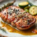 Iberico-filet pur, courgette gevuld met groenten, en tijmsaus
