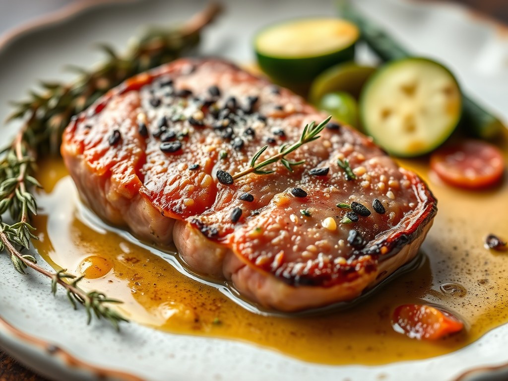 Iberico-filet pur, courgette gevuld met groenten, en tijmsaus, AI-gegenereerde illustratie