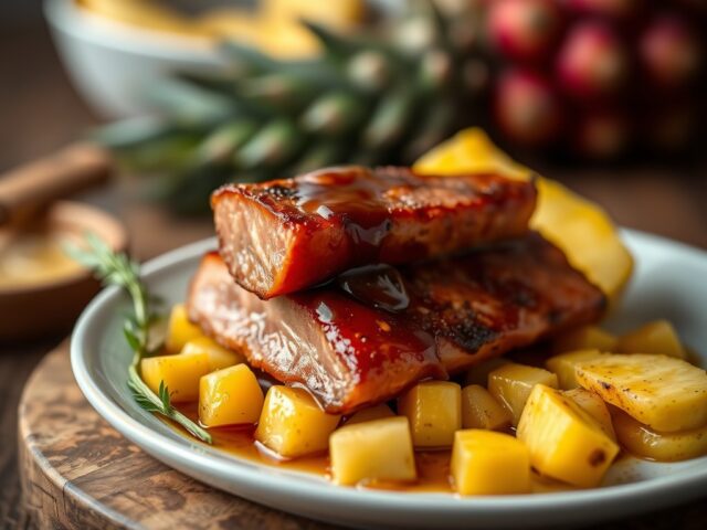 Iberico varkenshaasje met ananas — AI-gegenereerde illustratie