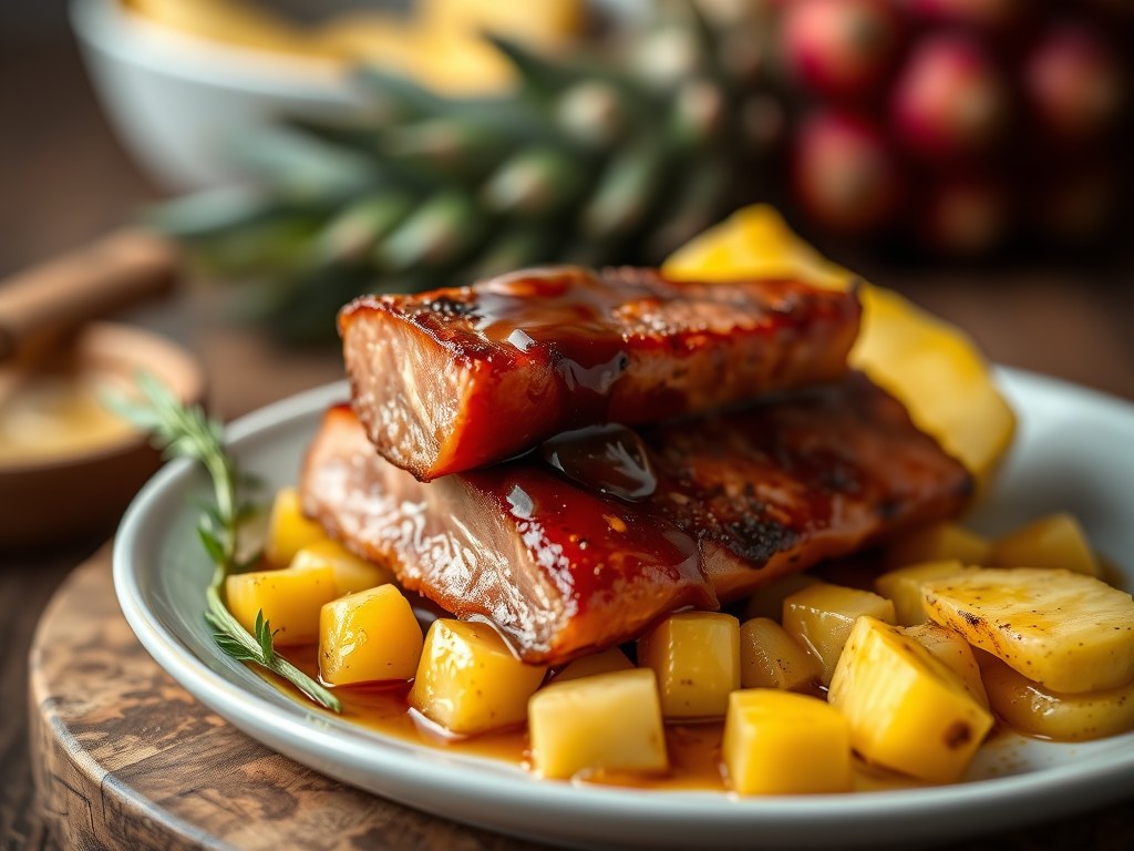 Iberico varkenshaasje met ananas, AI-gegenereerde illustratie