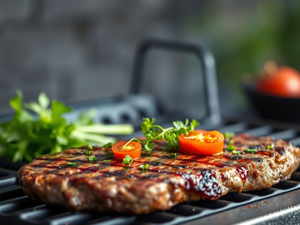 Ierse steak op de bbq met een tomatenslaatje, AI-gegenereerde illustratie