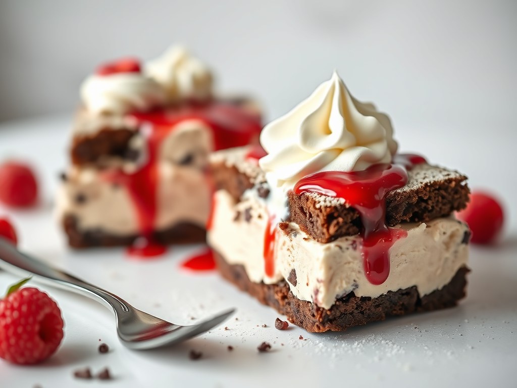 IJstaart met brownies en witte chocolade, AI-gegenereerde illustratie