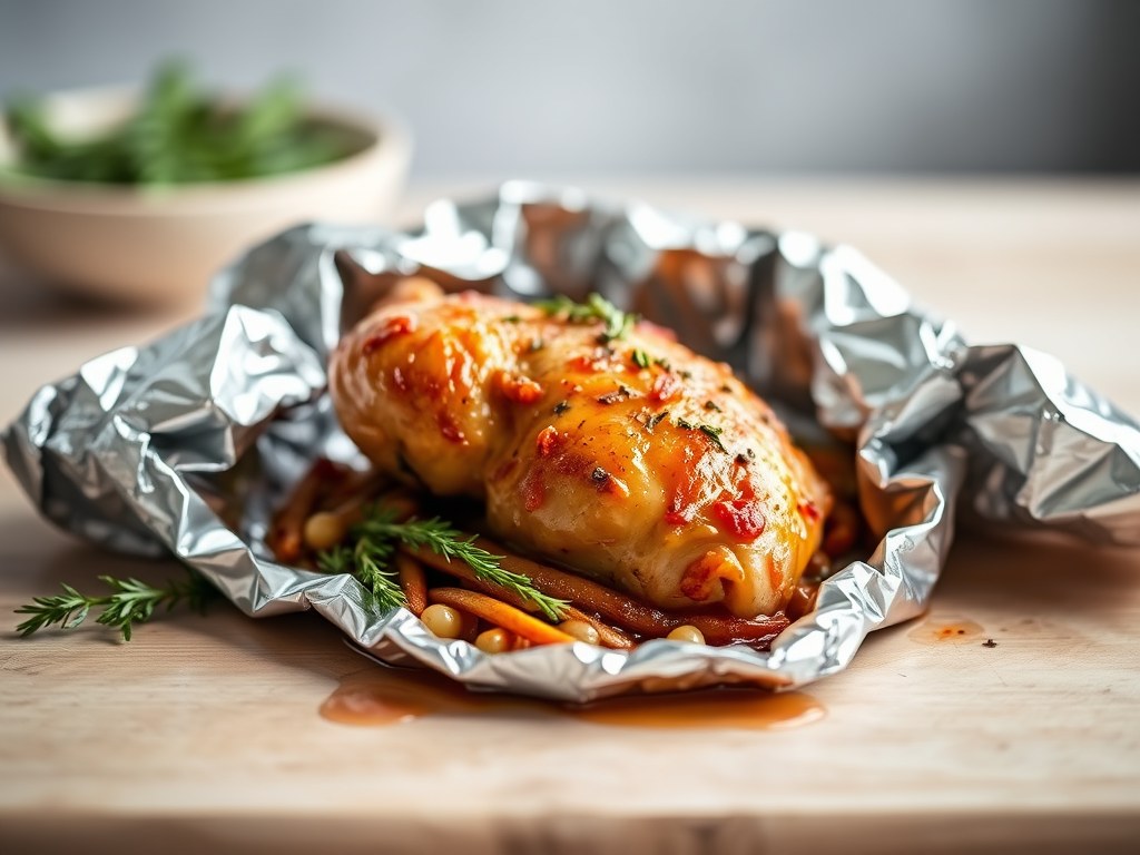 In Alu-Folie Verpakte Kip uit de Oven, AI-gegenereerde illustratie