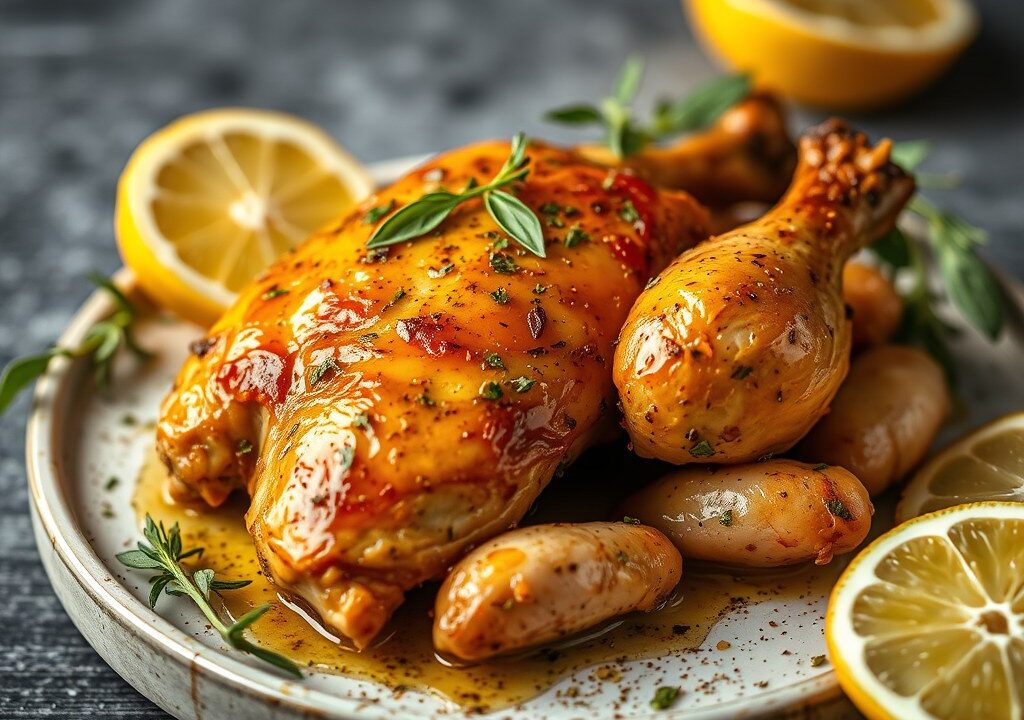 In Citrussap Gemarineerde Kip uit de Oven (van de BBQ), AI-gegenereerde illustratie
