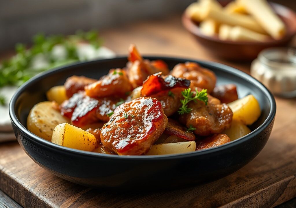 In de oven gebakken roodbaars met aardappelen zoals in Lyon, AI-gegenereerde illustratie
