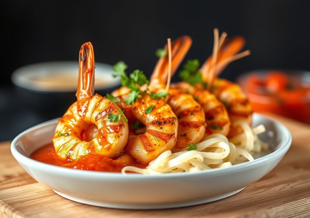 In Gember Gemarineerde Garnalen met een Pikante Tomatensaus, AI-gegenereerde illustratie