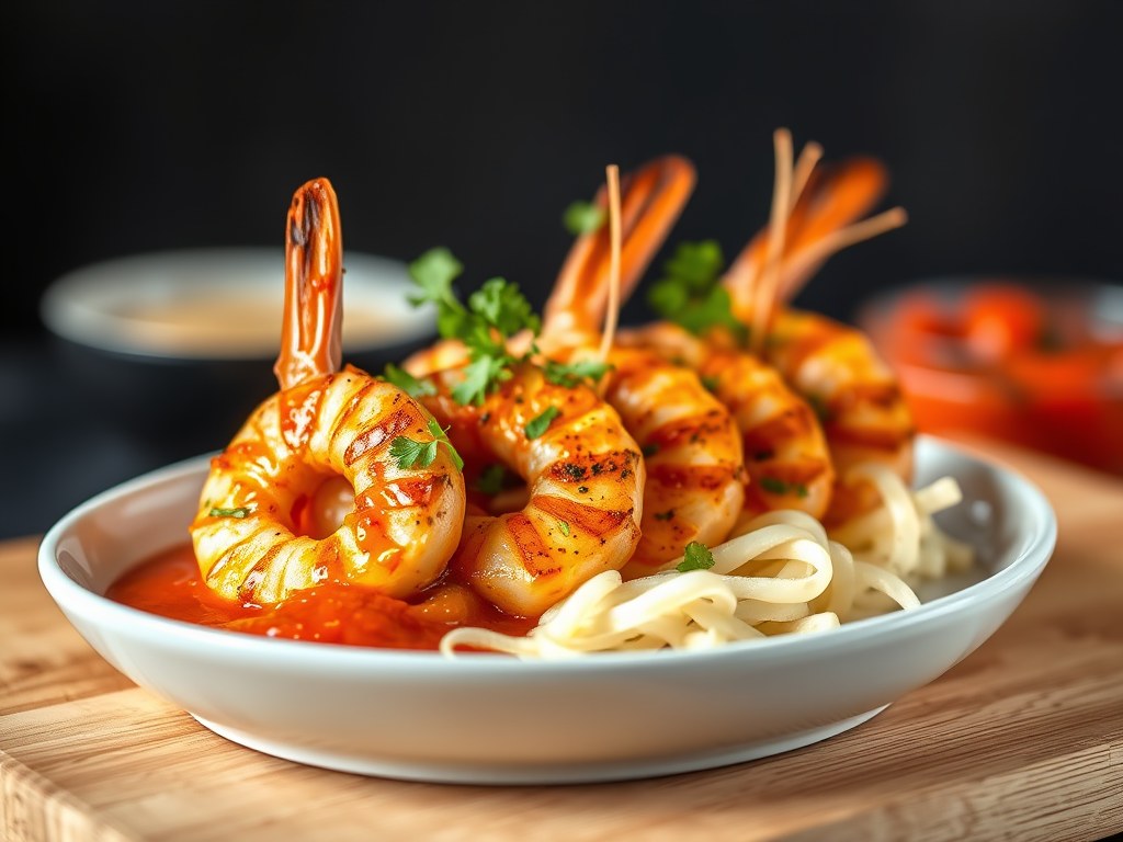 In Gember Gemarineerde Garnalen met een Pikante Tomatensaus, AI-gegenereerde illustratie