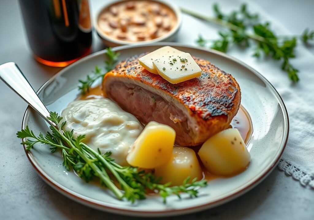 In karnemelk gepocheerde visfilet, AI-gegenereerde illustratie