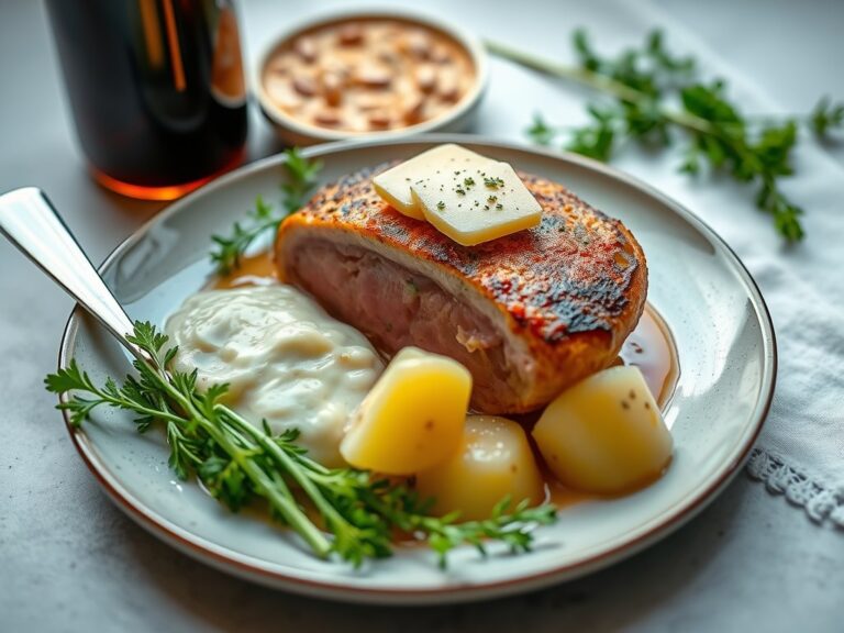 In karnemelk gepocheerde visfilet — AI-gegenereerde illustratie
