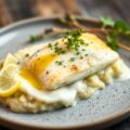 In panco gefruite koolvis met komkommerpuree en witte boter saus