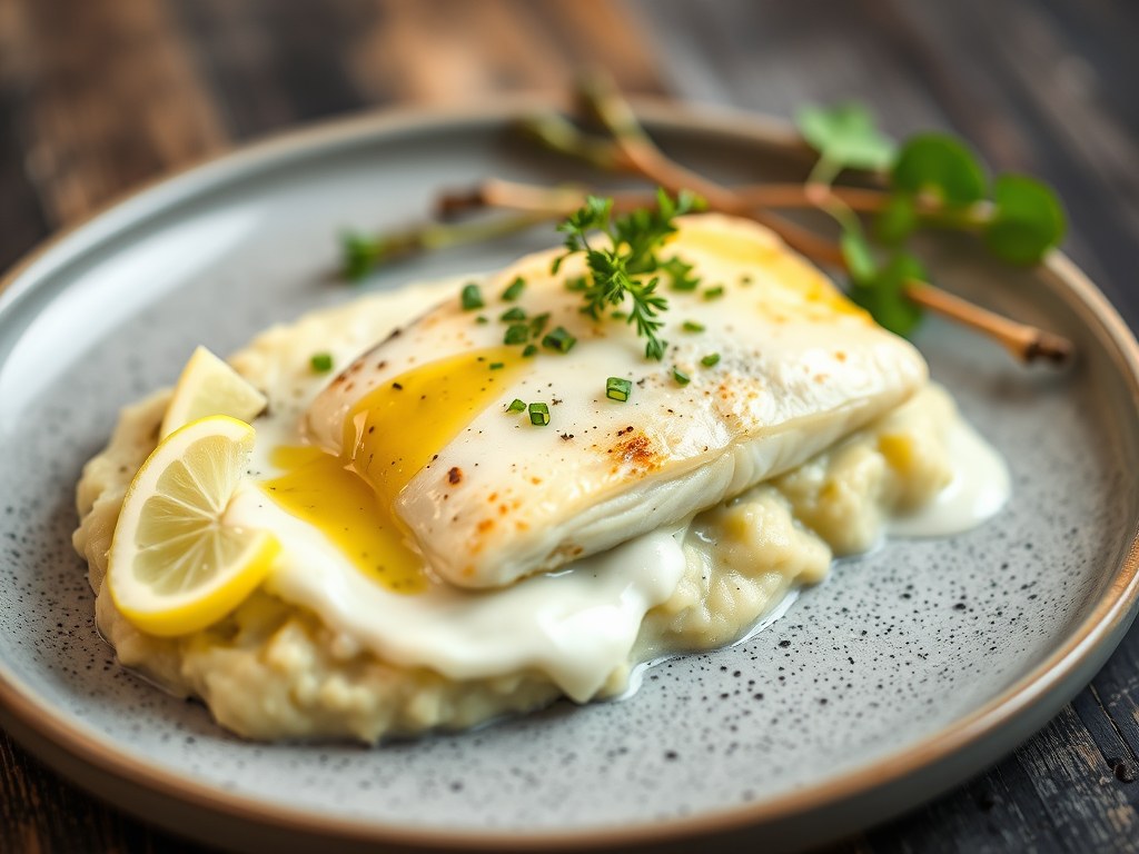 In panco gefruite koolvis met komkommerpuree en witte boter saus, AI-gegenereerde illustratie