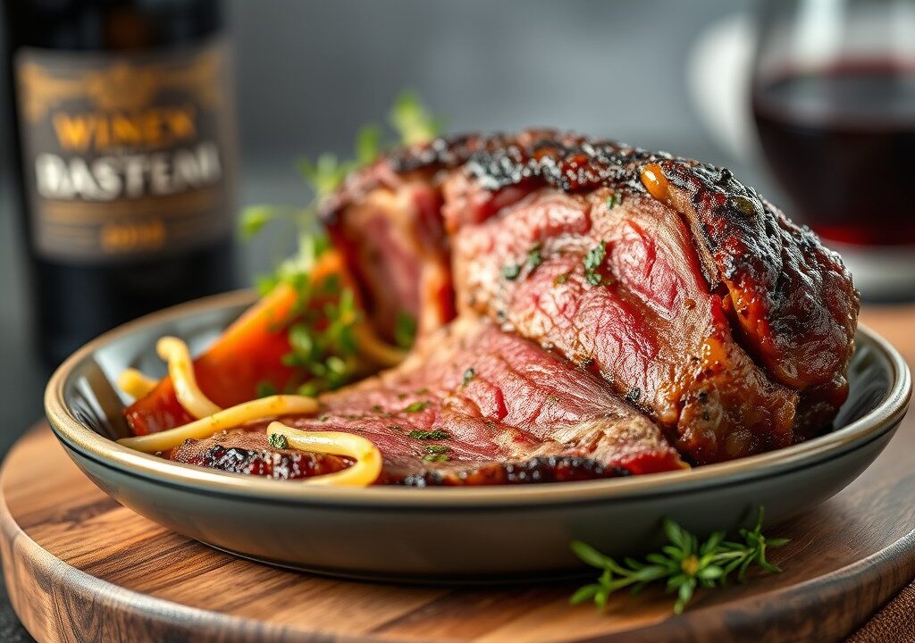 In Wijn Gemarineerde Gebakken Ribeye, AI-gegenereerde illustratie