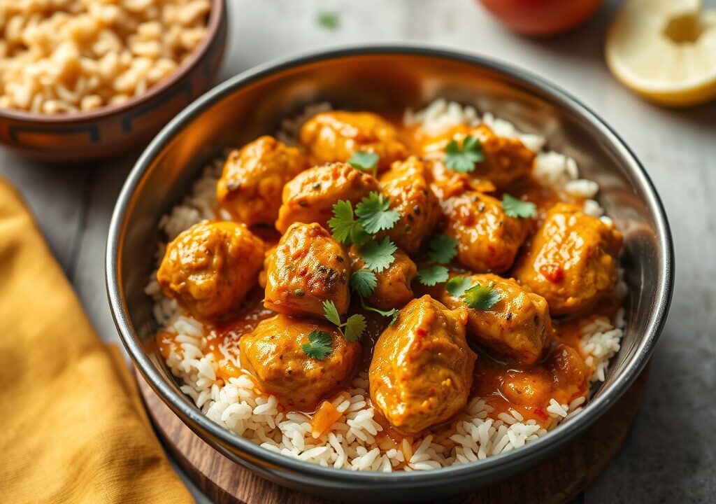 Indiase Boterkip Curry met gekruide basmatirijst, AI-gegenereerde illustratie