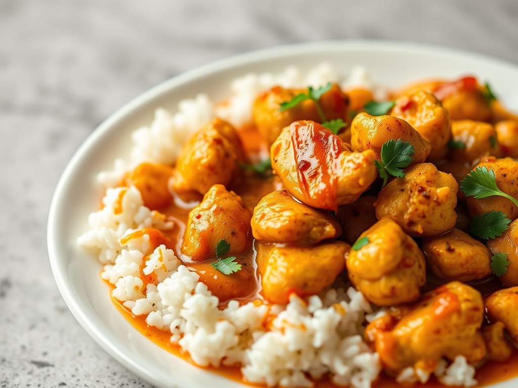 Indiase curry met bloemkool en kip, AI-gegenereerde illustratie