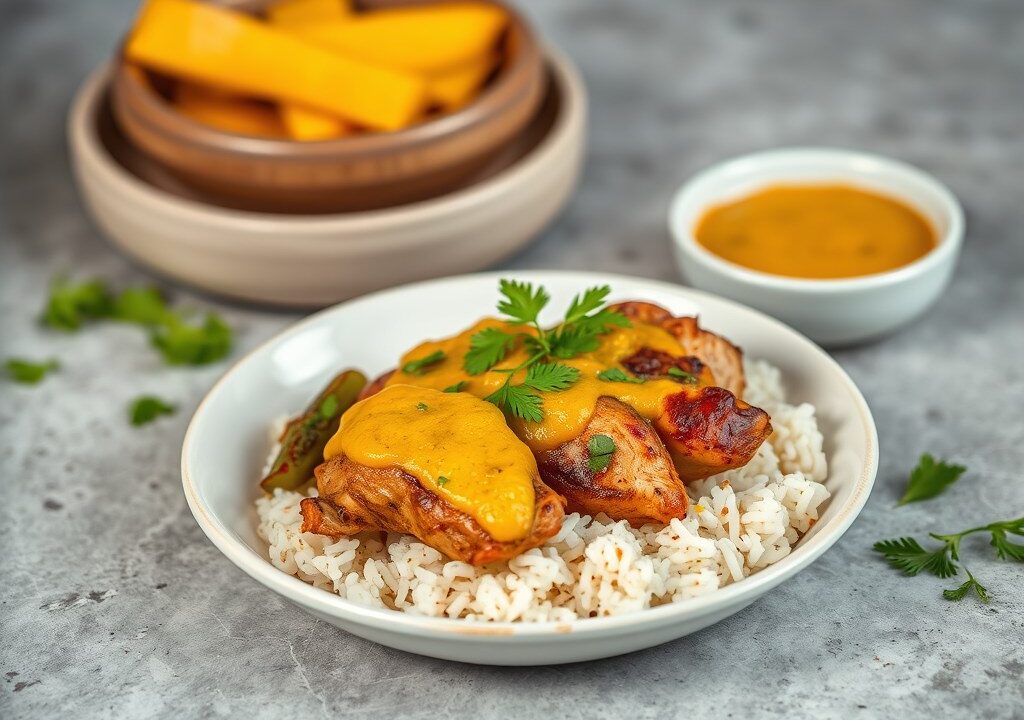 Indiase kip met groente en mangochutney — AI-gegenereerde illustratie