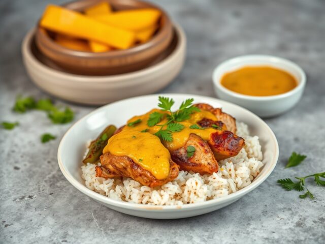 Indiase kip met groente en mangochutney — AI-gegenereerde illustratie