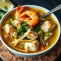 Indische maaltijdsoep met kip, vis & garnalen
