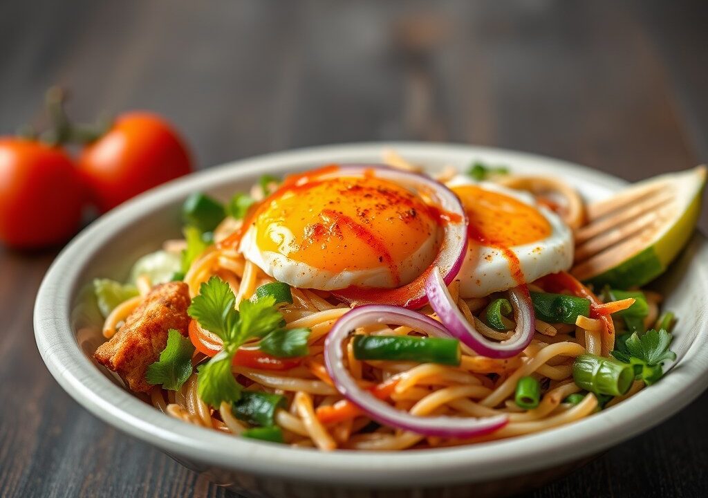 Indonesische groentebowl met een sambal eitje en gebakken uitjes, AI-gegenereerde illustratie
