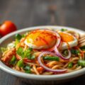 Indonesische groentebowl met een sambal eitje en gebakken uitjes