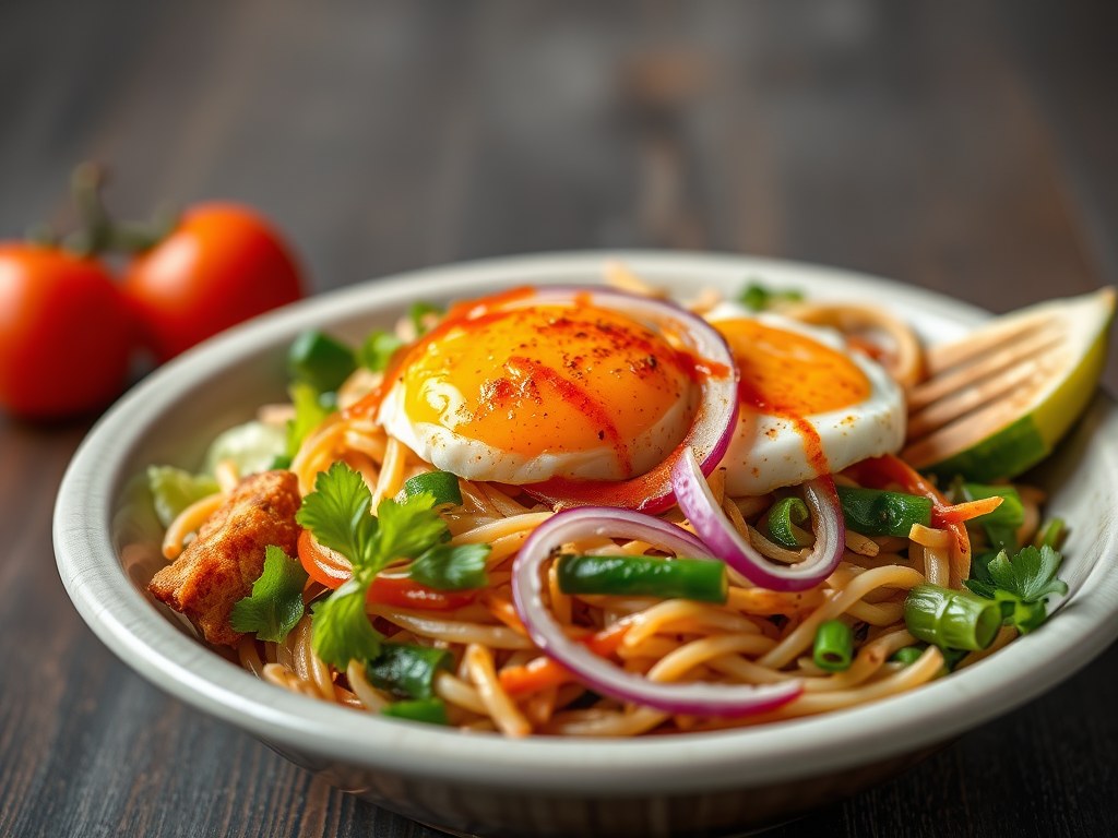 Indonesische groentebowl met een sambal eitje en gebakken uitjes, AI-gegenereerde illustratie