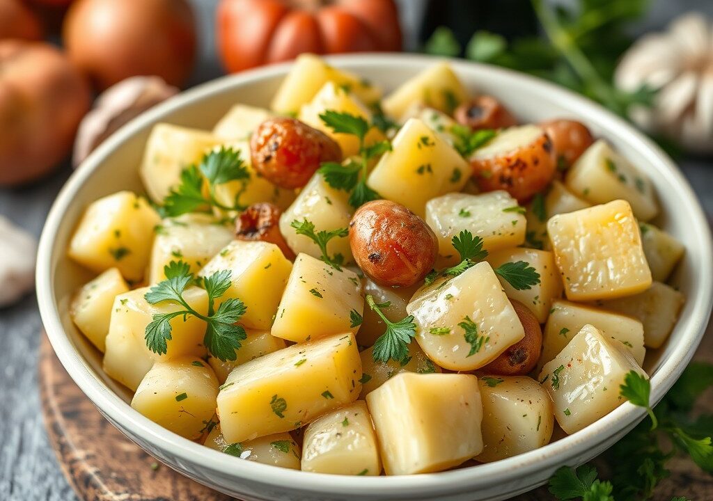 Italiaanse aardappelsalade met schapenkaas — AI-gegenereerde illustratie