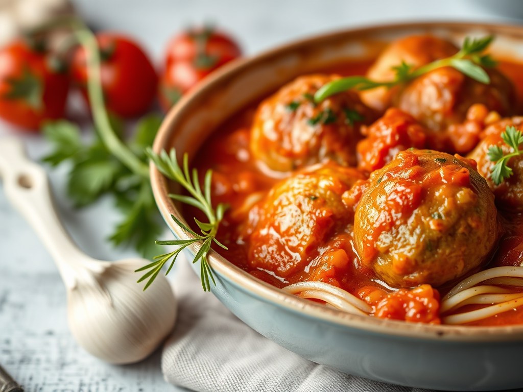 Italiaanse Gehaktballetjes in Tomatensaus, AI-gegenereerde illustratie