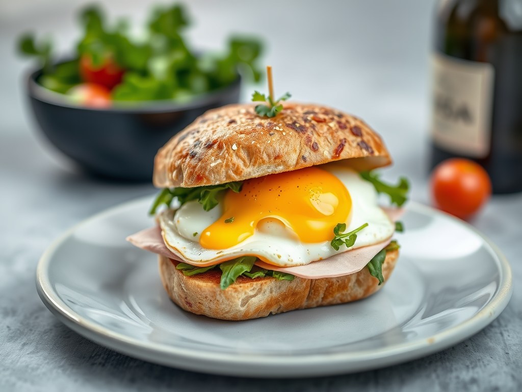 Italiaanse sandwich met Parmaham en rucola, AI-gegenereerde illustratie