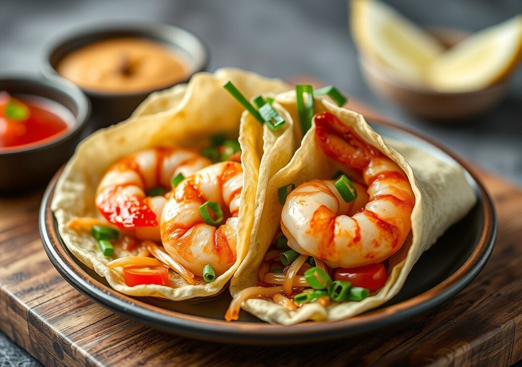 Japanse eierwraps met garnalen, AI-gegenereerde illustratie