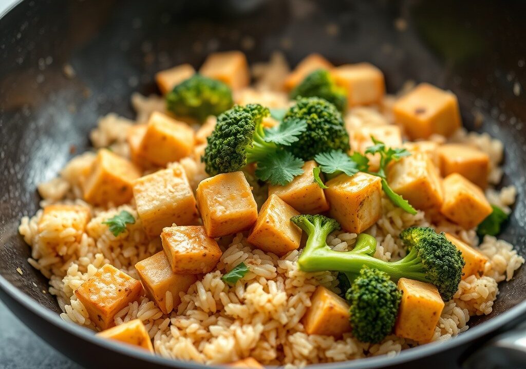 Jasmijnrijst met krokante tofu en broccoli, AI-gegenereerde illustratie