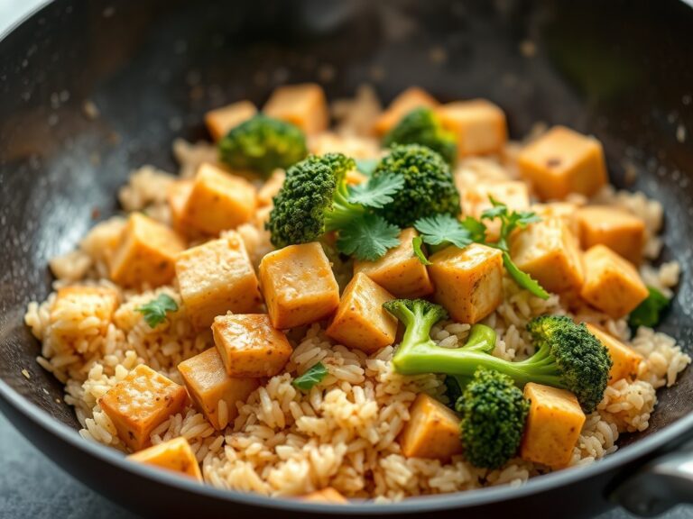 Jasmijnrijst met krokante tofu en broccoli — AI-gegenereerde illustratie