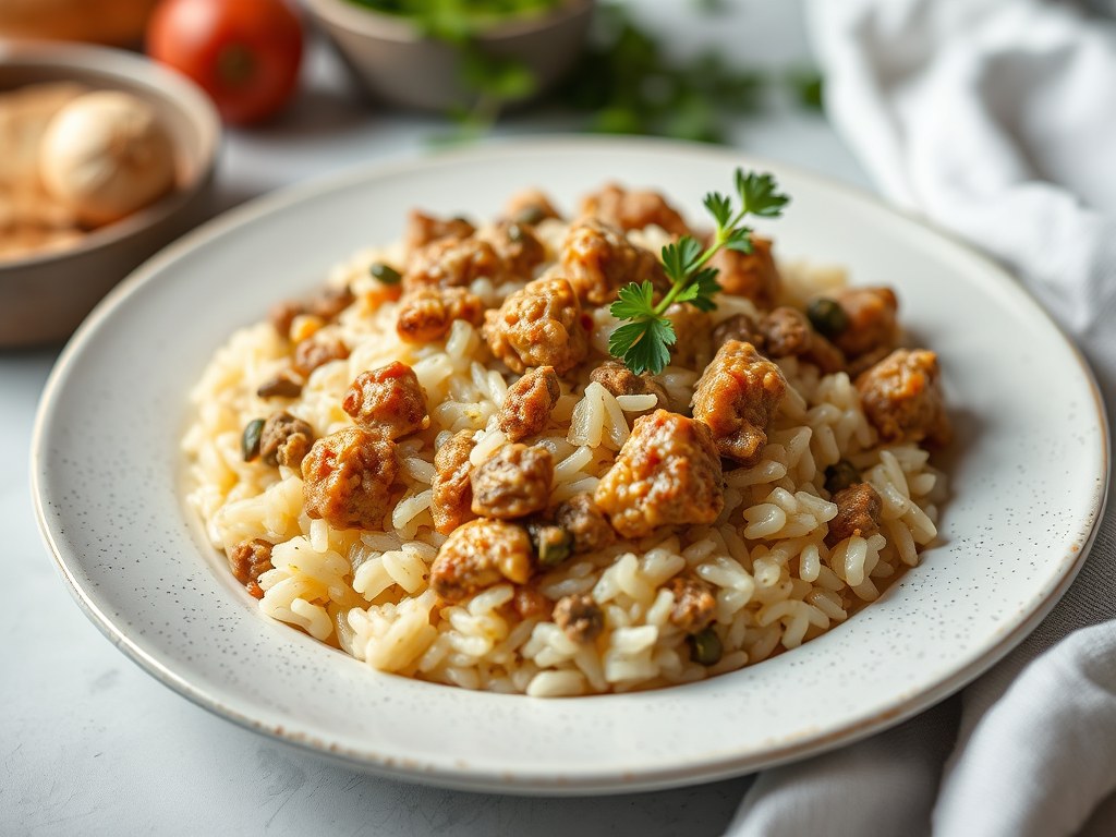 Kaas-Gehakt Risotto, AI-gegenereerde illustratie