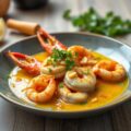 Kabeljauw en gamba’s in pikante kerrie-knoflooksaus