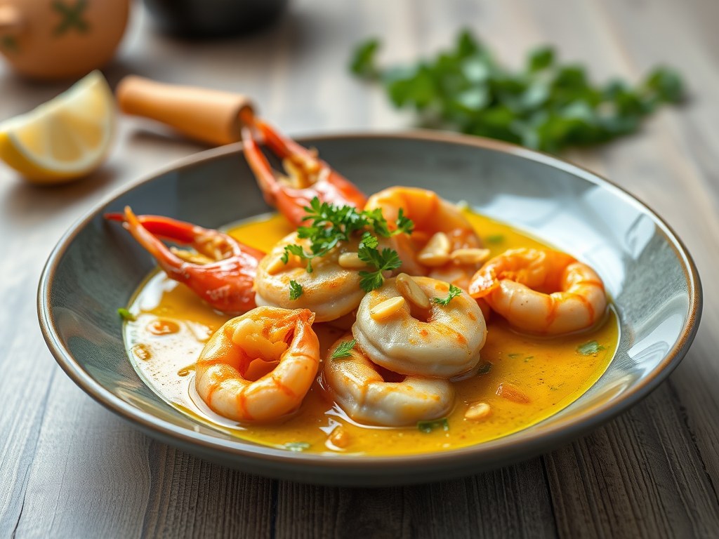 Kabeljauw en gamba’s in pikante kerrie-knoflooksaus, AI-gegenereerde illustratie