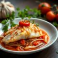 Kabeljauw gestoofd in een pittige tomatensaus