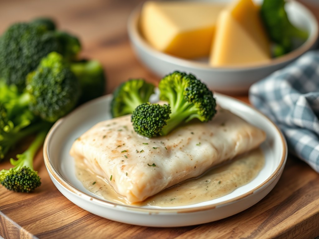 Kabeljauw met broccoli, AI-gegenereerde illustratie