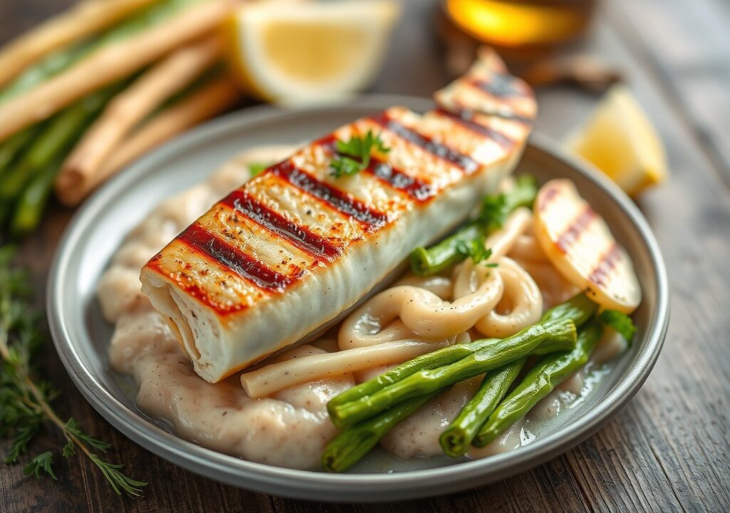 Kabeljauw met gegrilde asperges — AI-gegenereerde illustratie