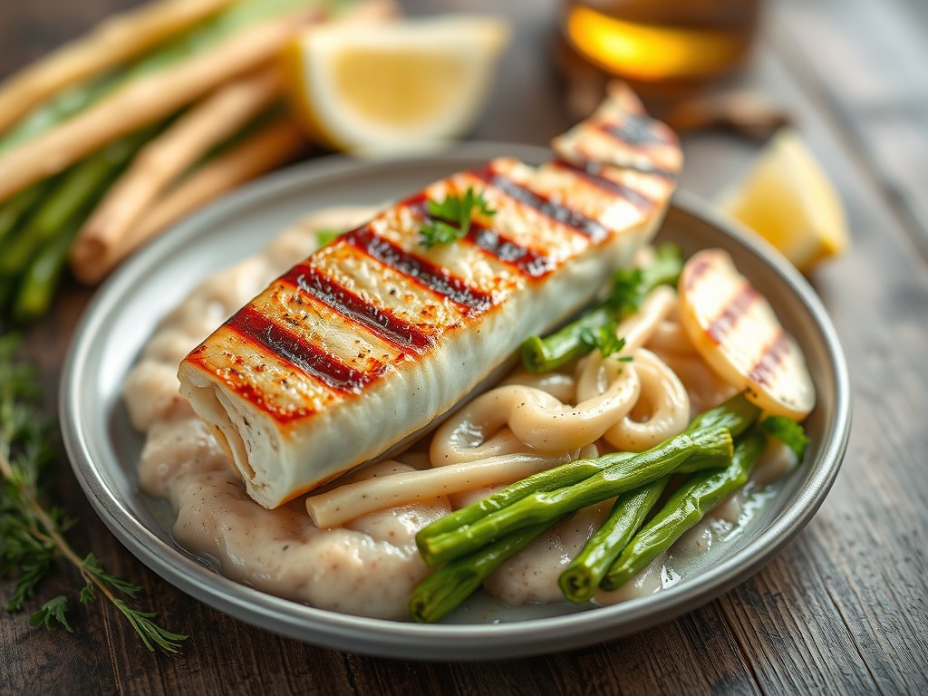 Kabeljauw met gegrilde asperges, AI-gegenereerde illustratie