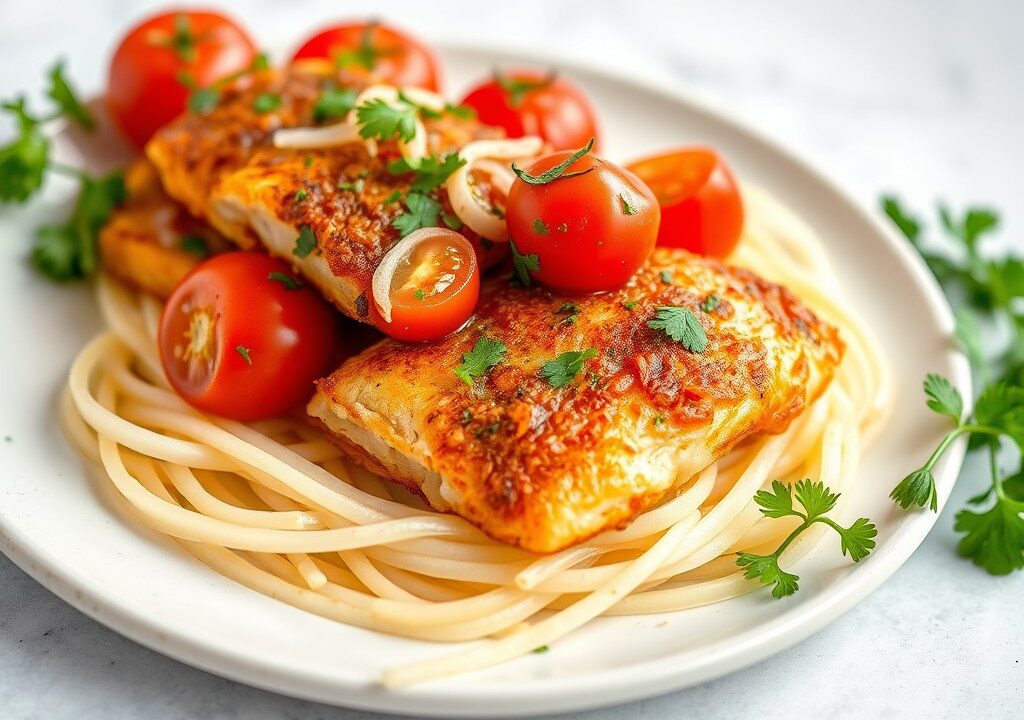 Kabeljauw met gemarineerde tomaten, AI-gegenereerde illustratie