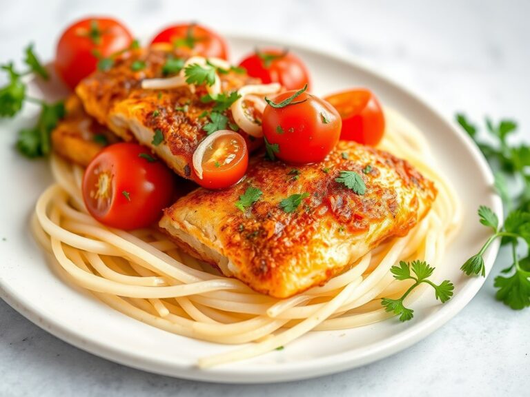 Kabeljauw met gemarineerde tomaten — AI-gegenereerde illustratie