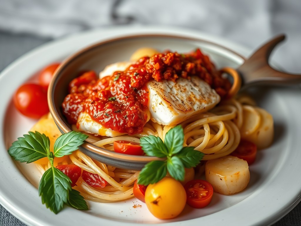 Kabeljauw met rode pesto, AI-gegenereerde illustratie