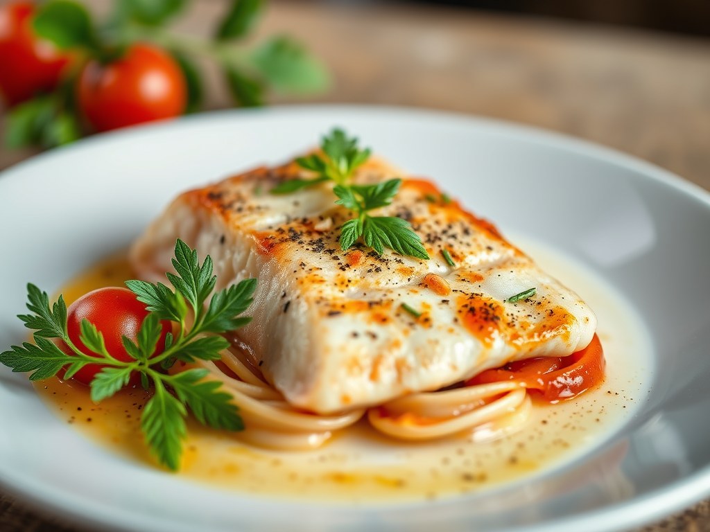 Kabeljauwfilet op Italiaanse wijze, AI-gegenereerde illustratie