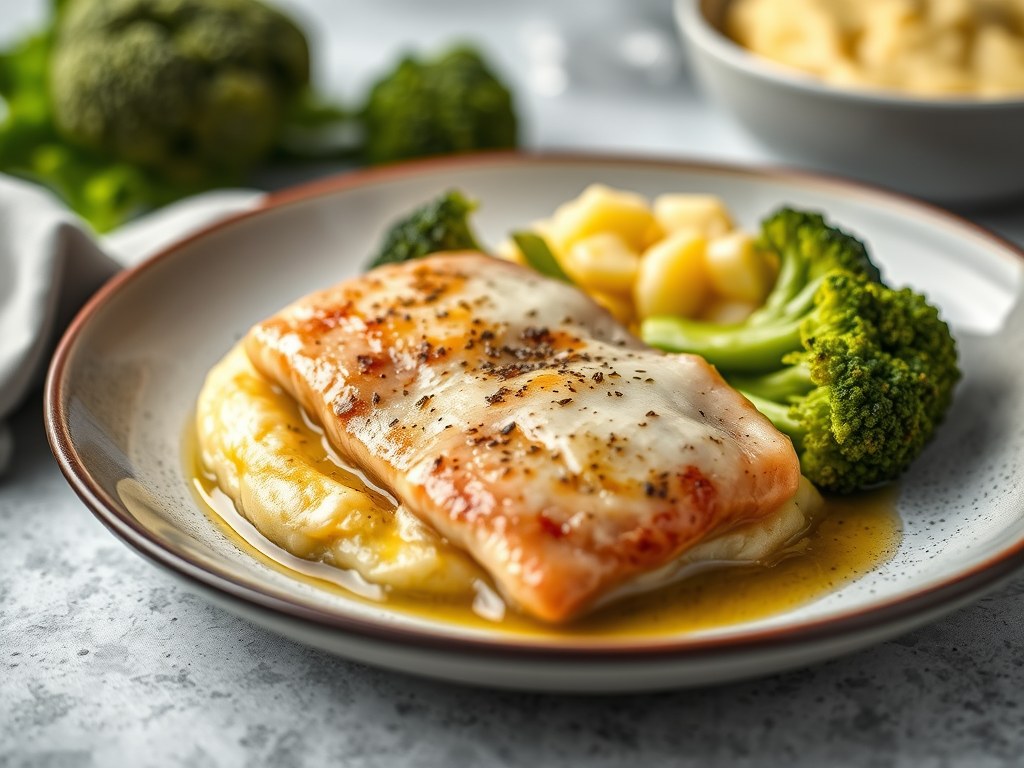 Kabeljauwhaasje met broccoli en aardappelpuree, AI-gegenereerde illustratie