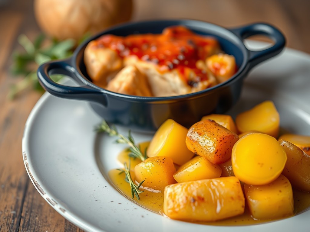 Kalfsbiefstuk Maitre Jean met aardappeltjes en Peultjes, AI-gegenereerde illustratie