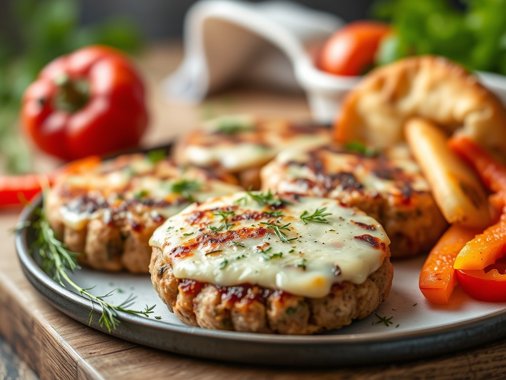 Kalfsburgers met dille en augurkjes, doperwtjes met rode paprika, AI-gegenereerde illustratie