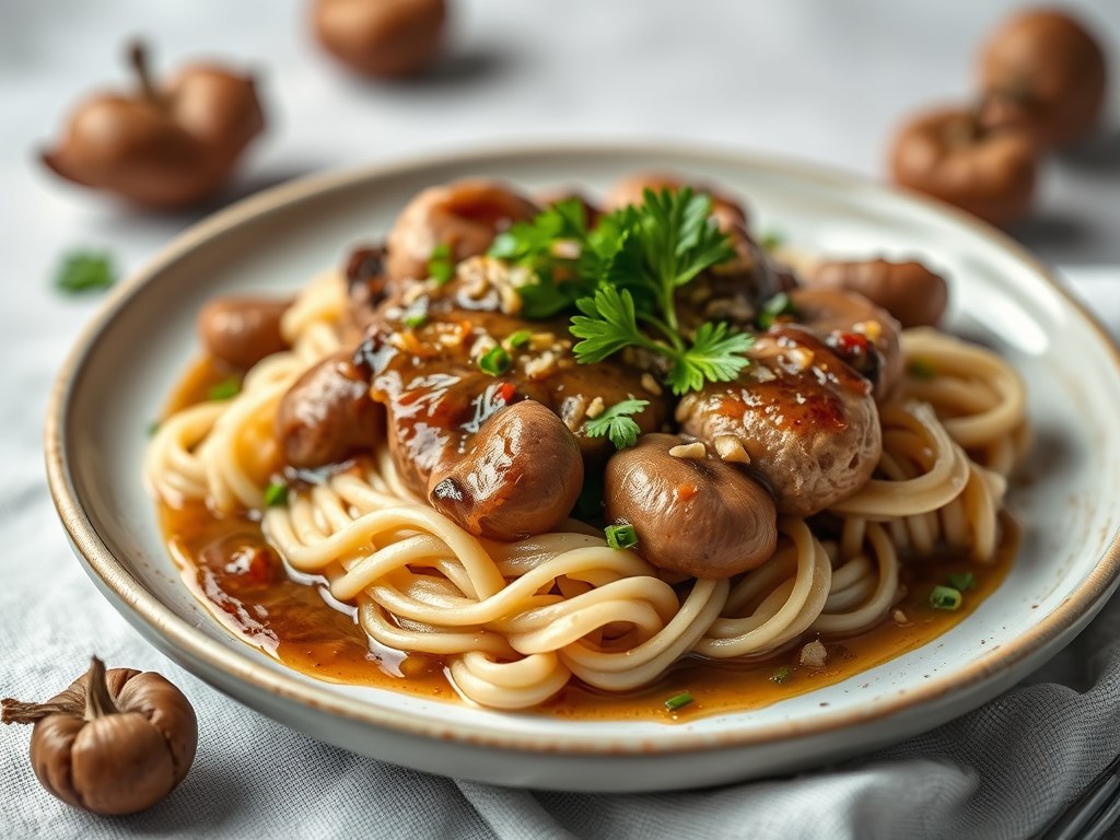 Kalfskoteletjes met shiitake-jus, AI-gegenereerde illustratie