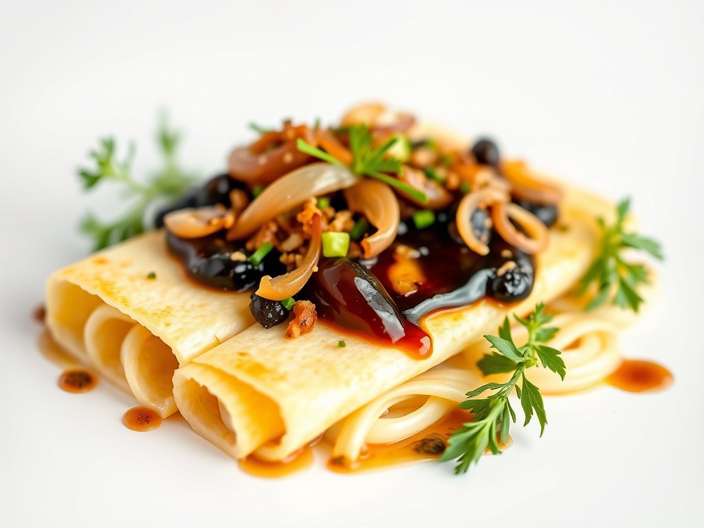 Kalfslever met balsamico, uitjes en asperges, AI-gegenereerde illustratie