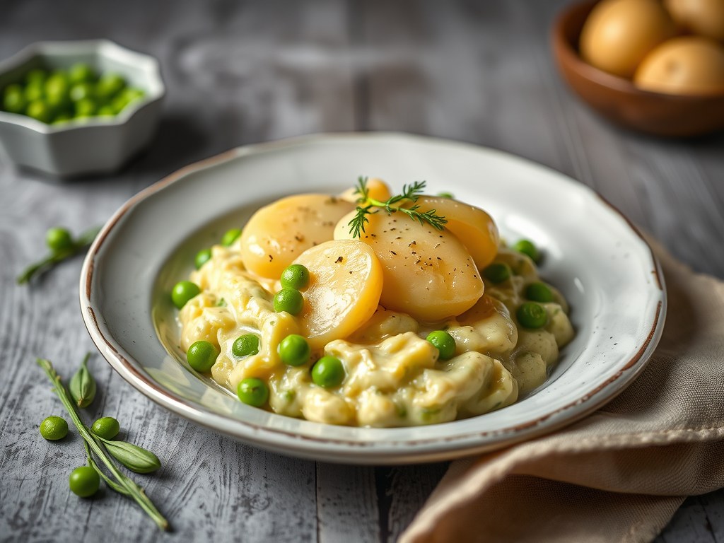 Kalfsmedaillon met aardappelmousseline en erwtenpuree, AI-gegenereerde illustratie